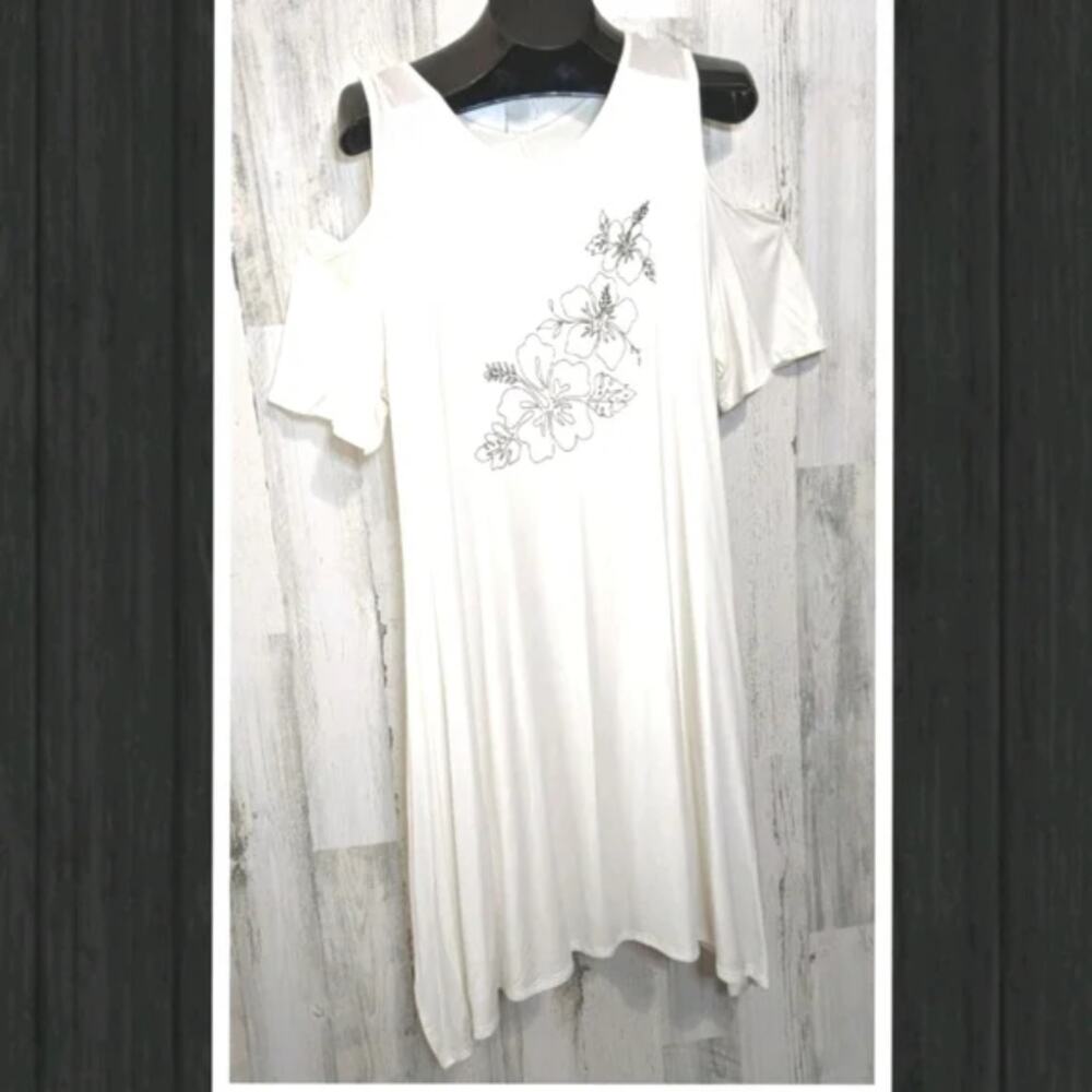 J MODE White Black Floral Cold Shoulder Dress or Swim Cover Plus Size 2X NEW - Picture 2 of 10